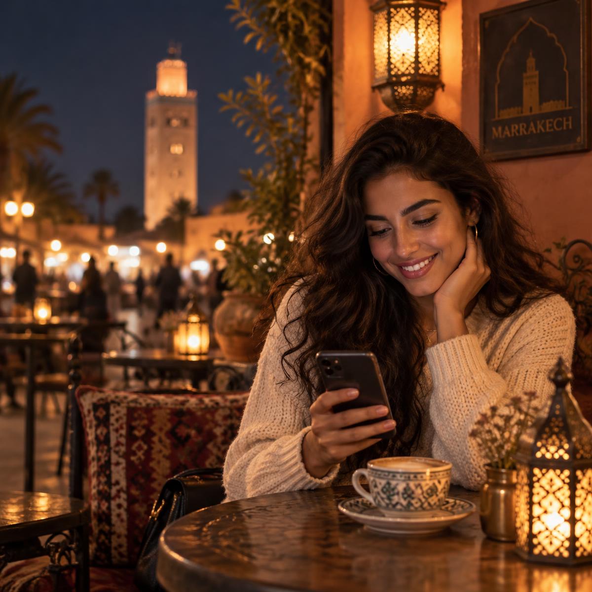 Jeune femme souriante regardant son téléphone dans un café