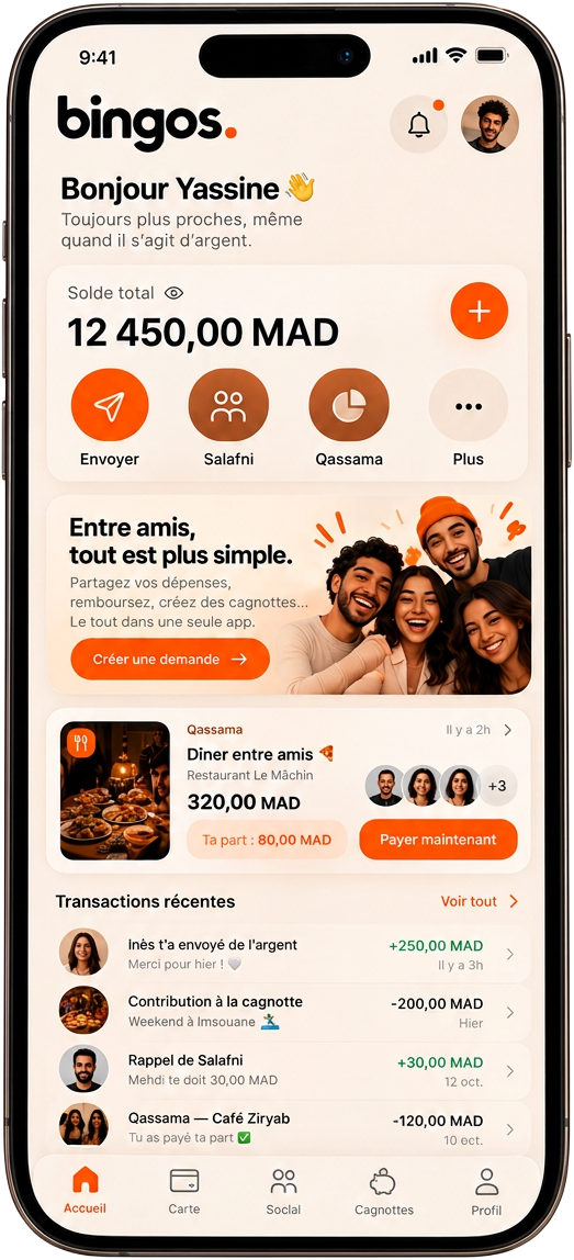 Application BingOS : solde total, Envoyer, Salafni, Qassama, et transactions récentes entre amis