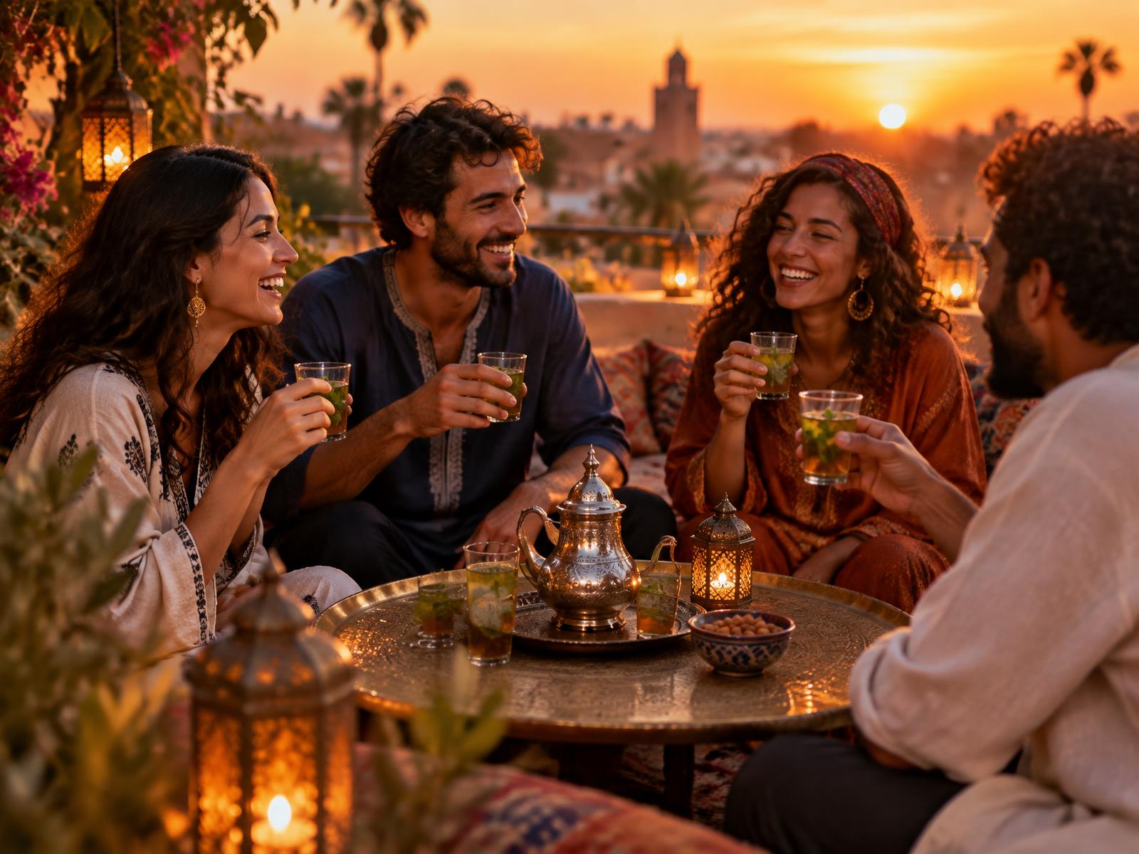 Amis marocains qui rient sur une terrasse à Marrakech au coucher du soleil, avec l'app BingOS